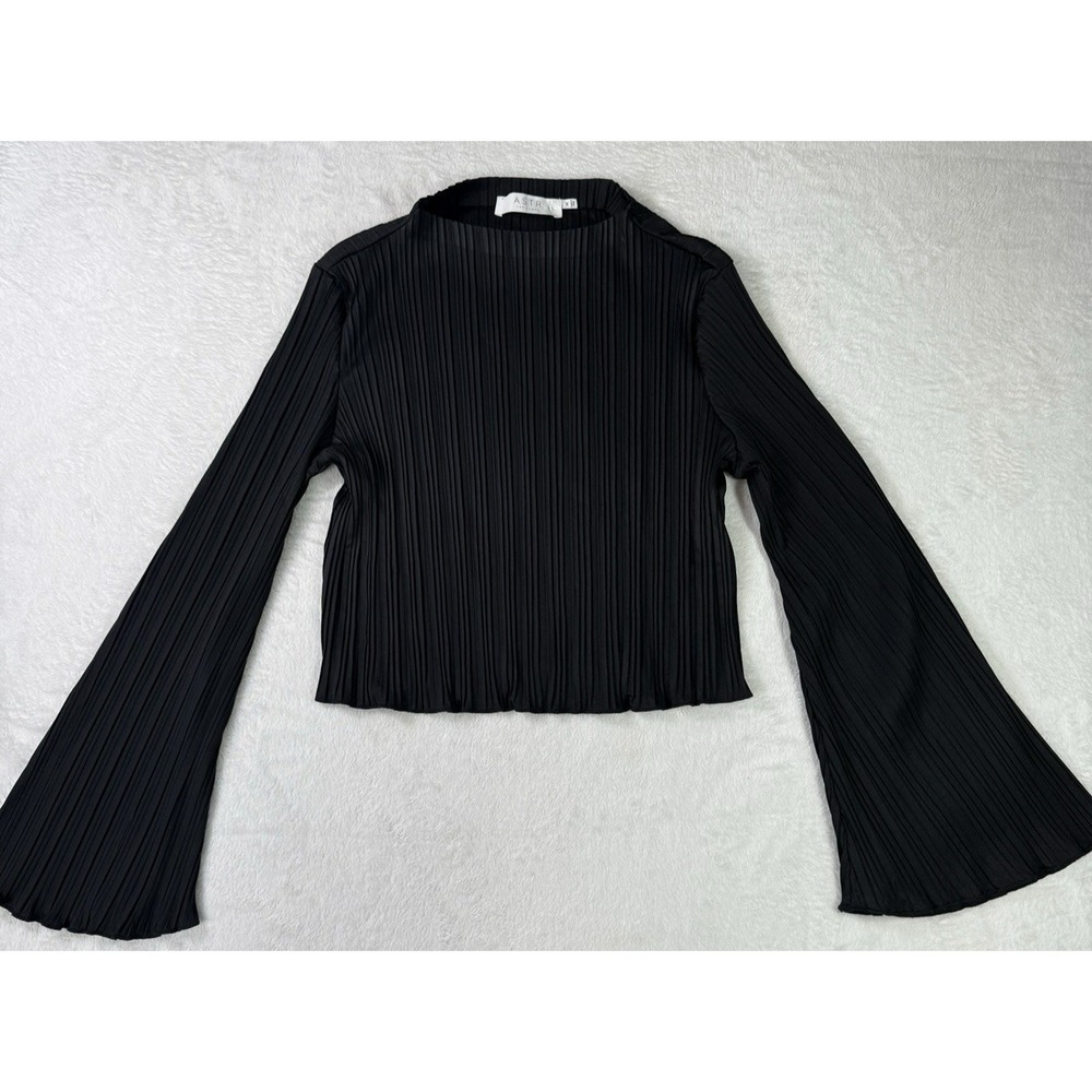 ASTR The Label Floral Mesh Mock Neck Top Long Sleeve Ruched Black Sheer Medium